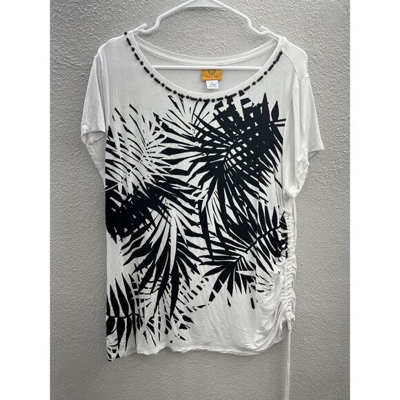 Womens Ruby Rd White Floral Beaded Neckline Ruched Side Short Sleeve Shirt Large - Picture 1 of 11